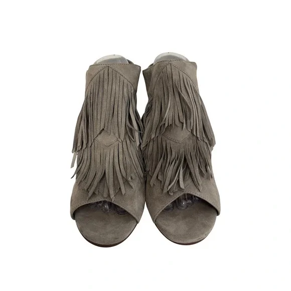 Sam Edelman Suede Fringe Block Heel Booties Boot Sandals Gray Sz 8 boho western - Picture 2 of 12